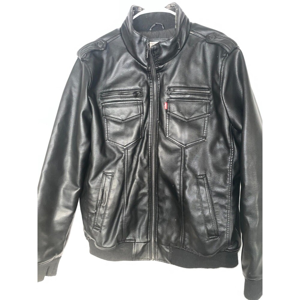 Levis Jacket Mens L Black Faux Leather Fleece Lined Full Zip Moto Biker Aviator
